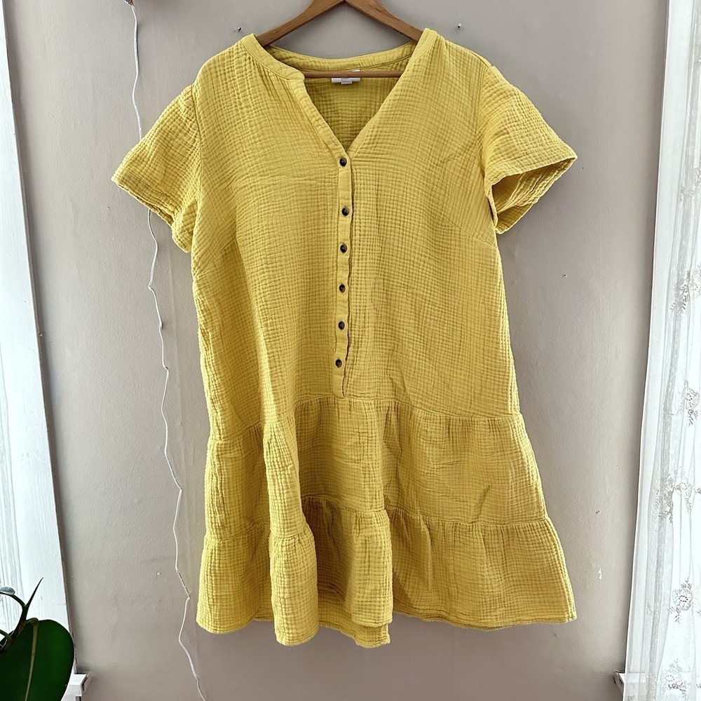 J Jill Womens Cotton Gauze Dress Size XL Petite Yellow Spring Tiered Cotton